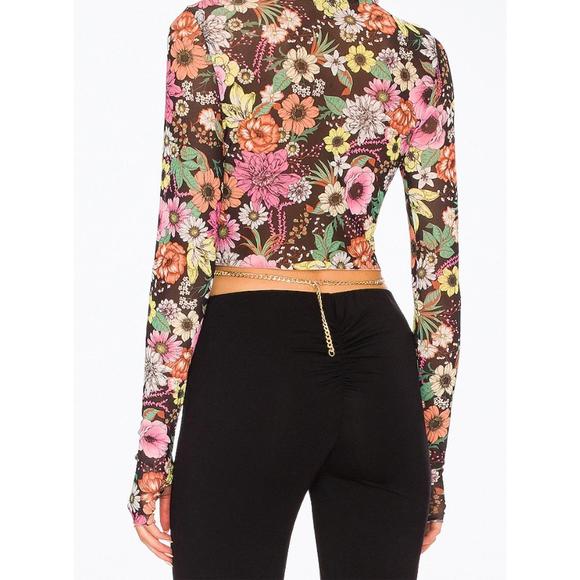 NEW AFRM micaela cropped power mesh turtleneck top in noir garden - Picture 2 of 3